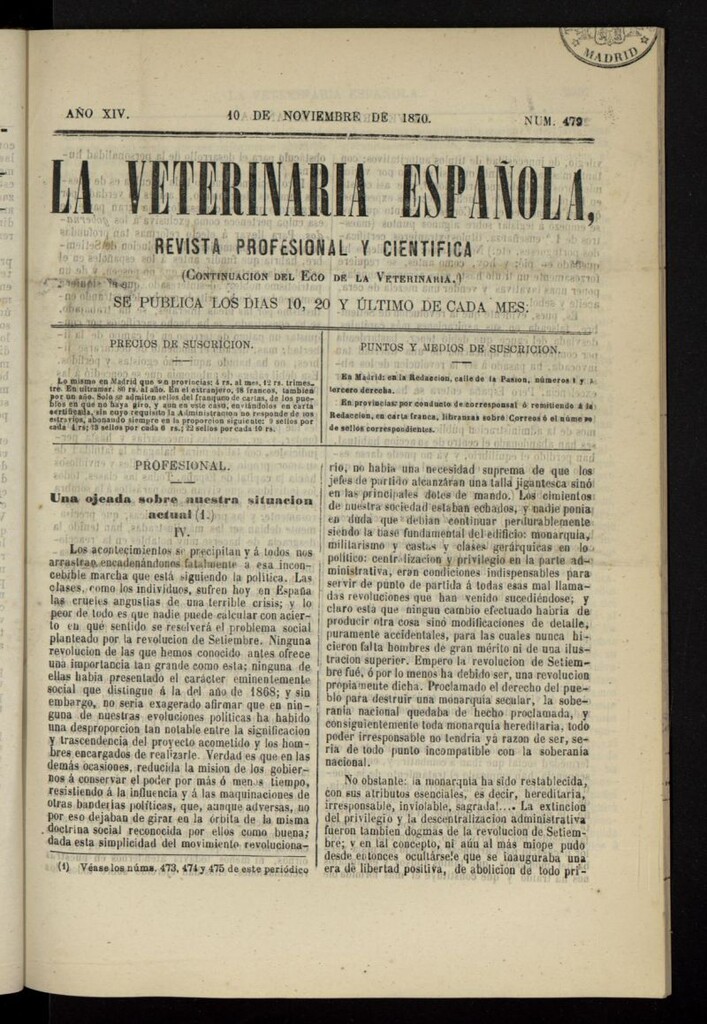 Miniatura de La Veterinaria revista profesional y científica del 10 de noviembre de 1870, nº 479