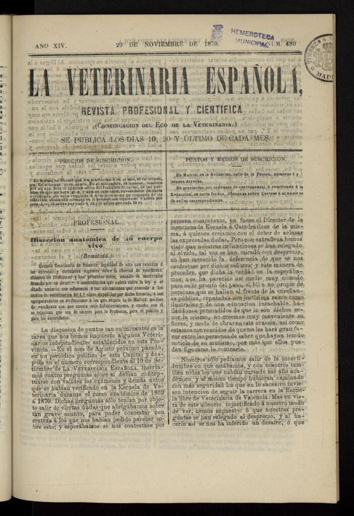 Miniatura de La Veterinaria revista profesional y científica del 20 de noviembre de 1870, nº 480