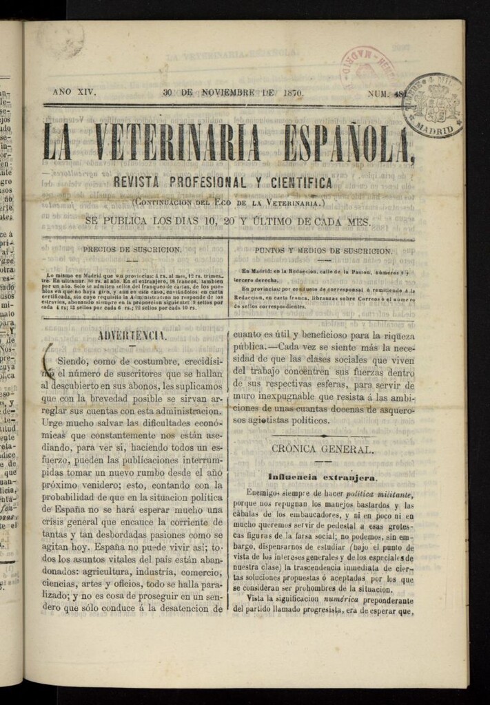 Miniatura de La Veterinaria revista profesional y científica del 30 de noviembre de 1870, nº 481