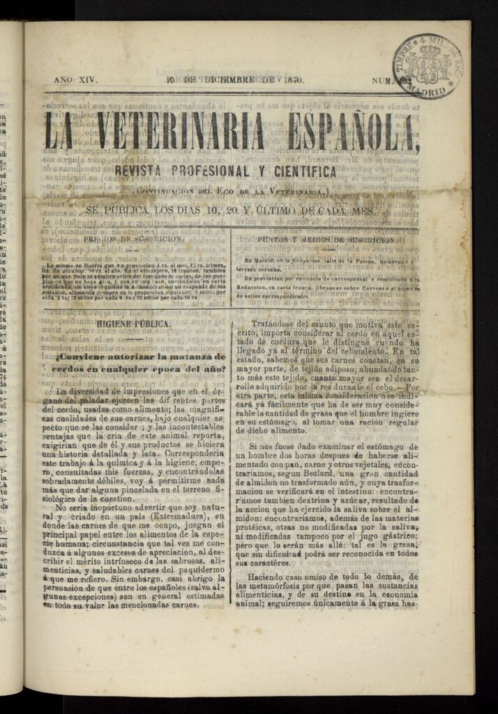 Miniatura de La Veterinaria revista profesional y científica del 10 de diciembre de 1870, nº 482