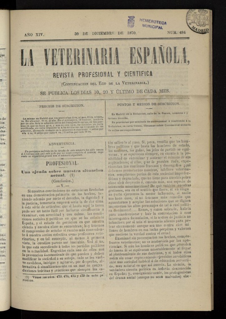 Miniatura de La Veterinaria revista profesional y científica del 30 de diciembre de 1870, nº 484