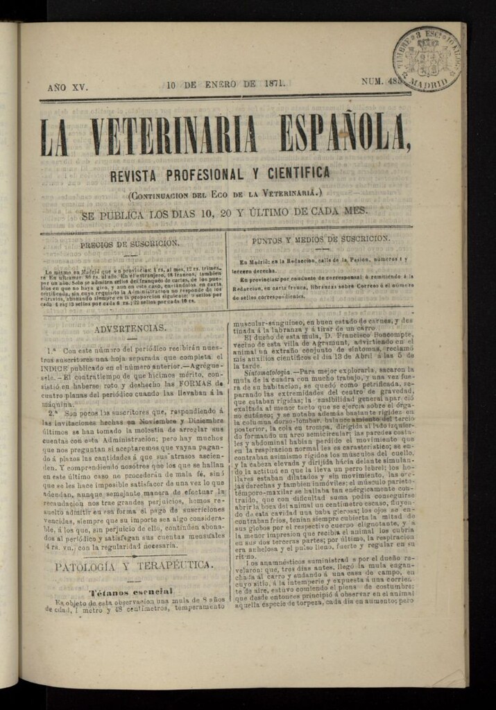 Miniatura de La Veterinaria revista profesional y científica del 10 de enero de 1871, nº 485
