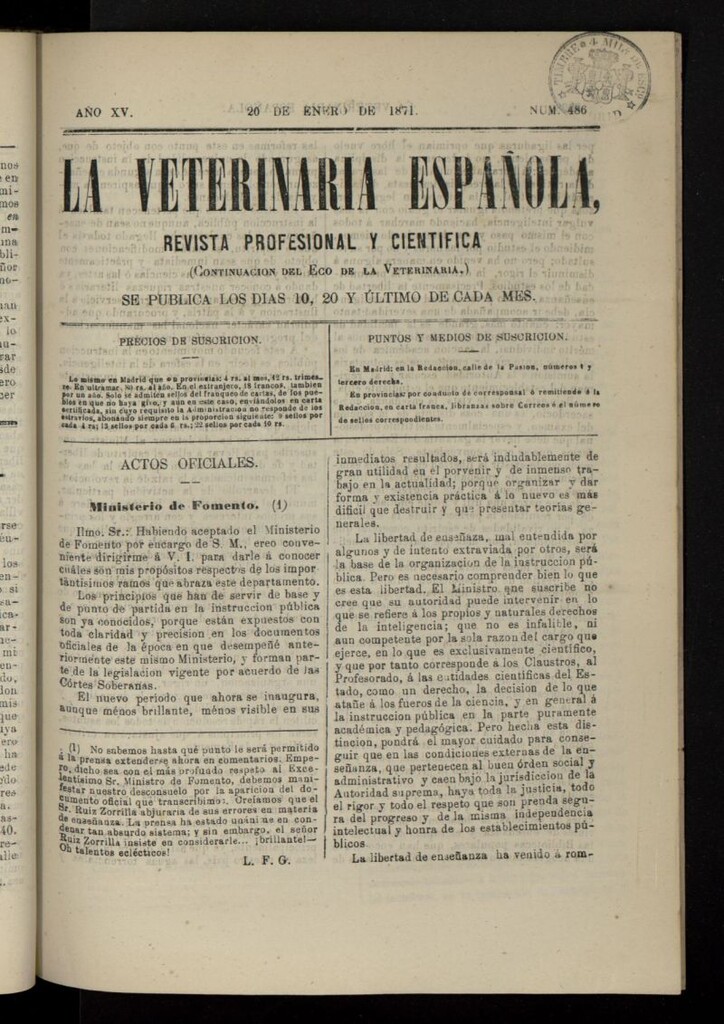 Miniatura de La Veterinaria revista profesional y científica del 20 de enero de 1871, nº 486