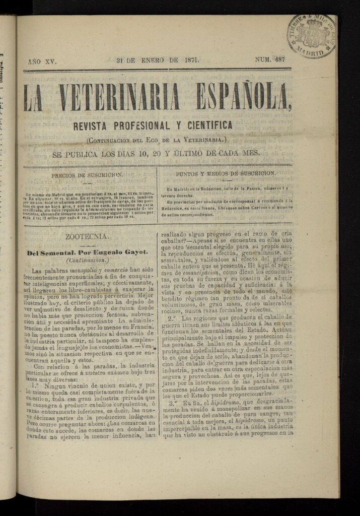Miniatura de La Veterinaria revista profesional y científica del 31 de enero de 1871, nº 487