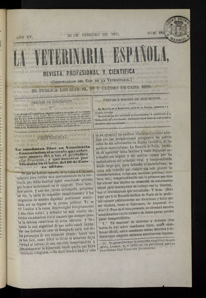 Miniatura de La Veterinaria revista profesional y científica del 20 de febrero de 1871, nº 489