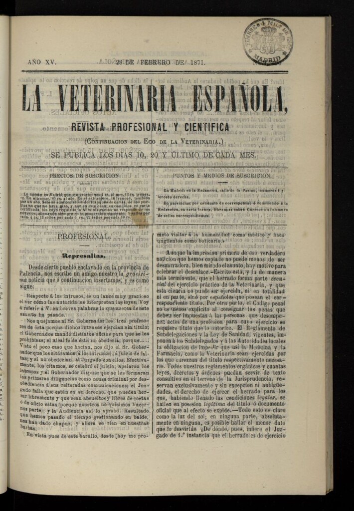 Miniatura de La Veterinaria revista profesional y científica del 28 de febrero de 1871, nº 490