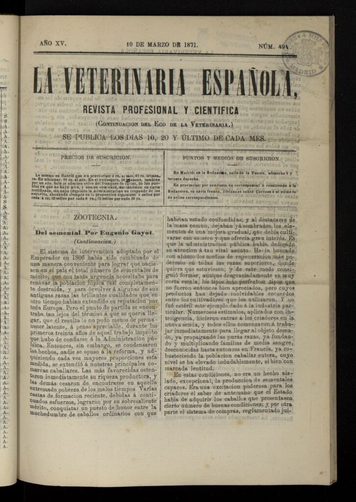 Miniatura de La Veterinaria revista profesional y científica del 10 de marzo de 1871, nº 491
