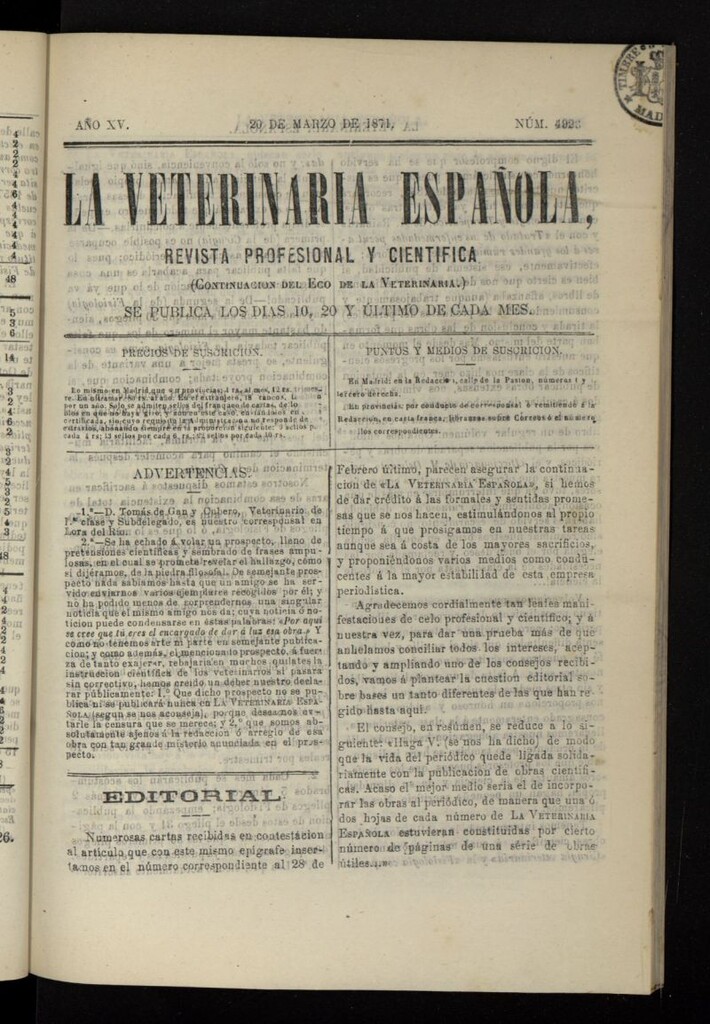 Miniatura de La Veterinaria revista profesional y científica del 20 de marzo de 1871, nº 492