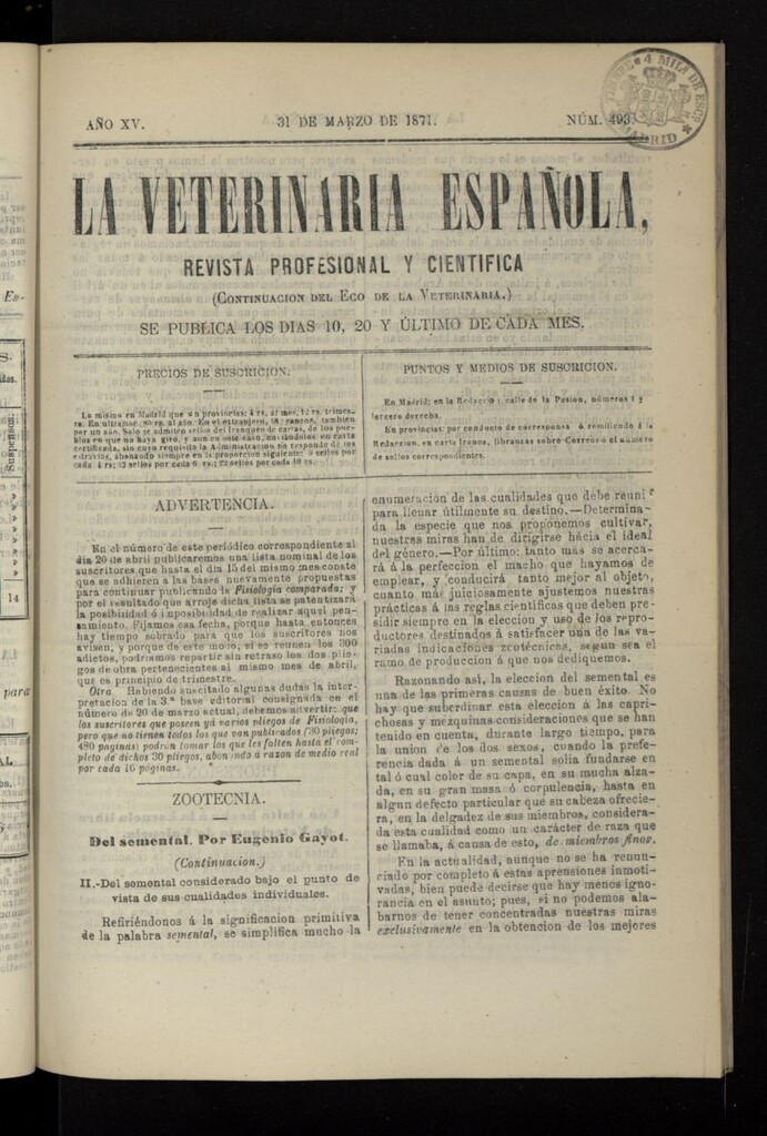 Miniatura de La Veterinaria revista profesional y científica del 31 de marzo de 1871, nº 493