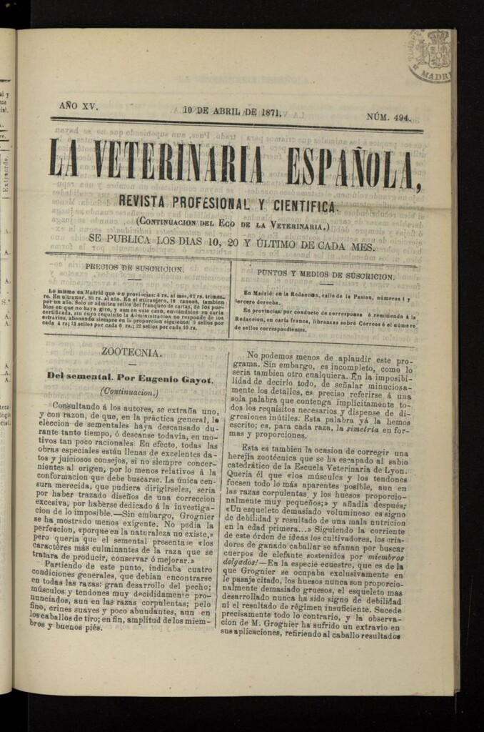 Miniatura de La Veterinaria revista profesional y científica del 10 de abril de 1871, nº 494
