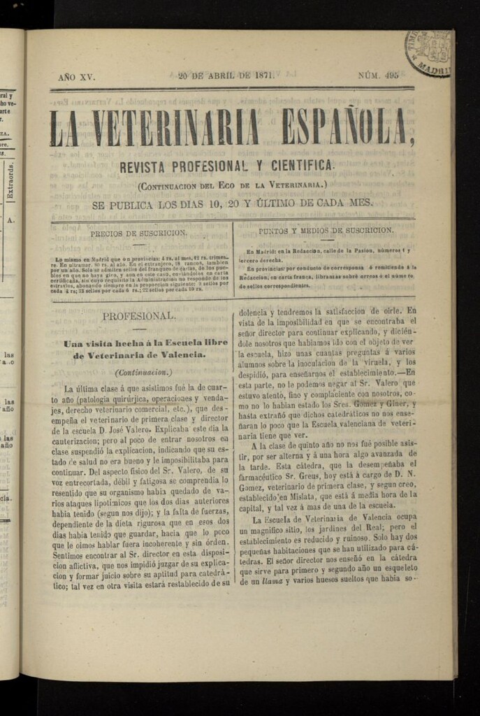 Miniatura de La Veterinaria revista profesional y científica del 20 de abril de 1871, nº 495