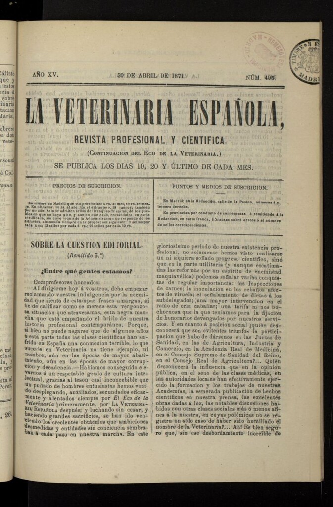 Miniatura de La Veterinaria revista profesional y científica del 30 de abril de 1871, nº 496