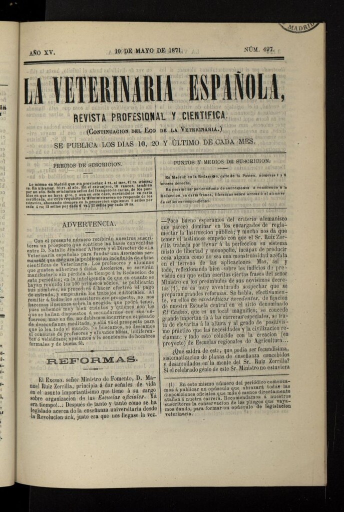 Miniatura de La Veterinaria revista profesional y científica del 10 de mayo de 1871, nº 497
