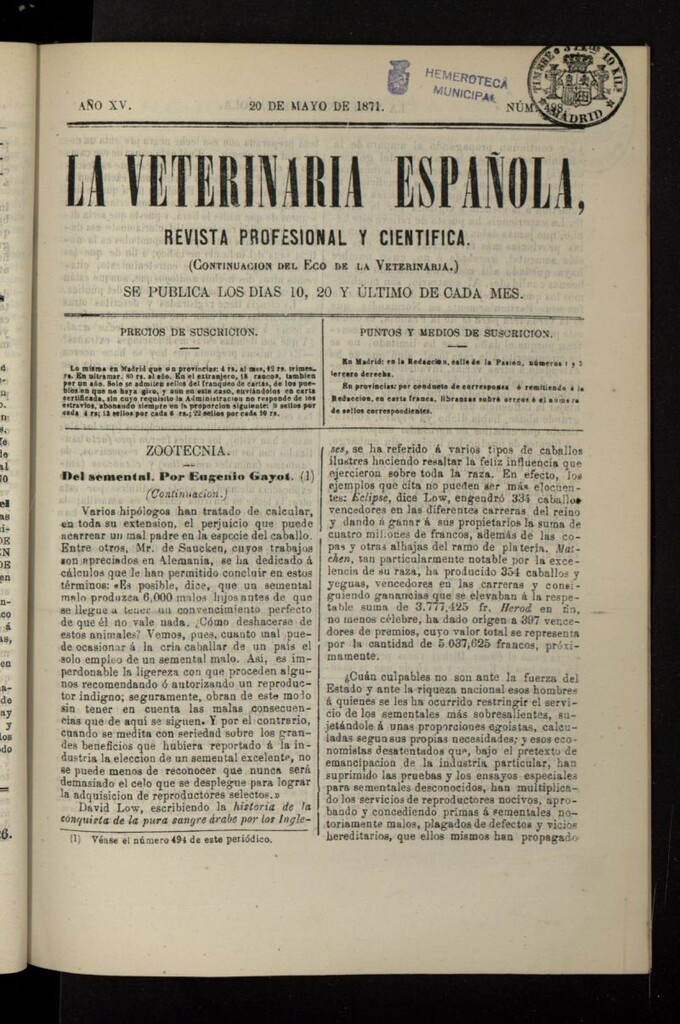 Miniatura de La Veterinaria revista profesional y científica del 20 de mayo de 1871, nº 498