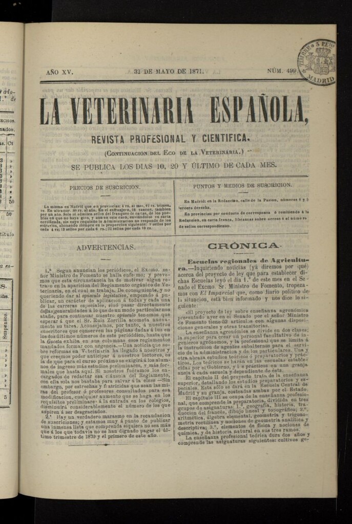 Miniatura de La Veterinaria revista profesional y científica del 31 de mayo de 1871, nº 499
