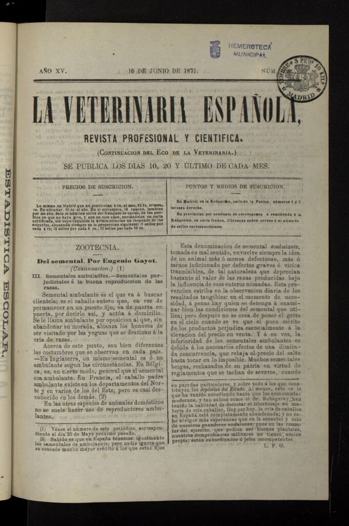 Miniatura de La Veterinaria revista profesional y científica del 10 de junio de 1871, nº 500