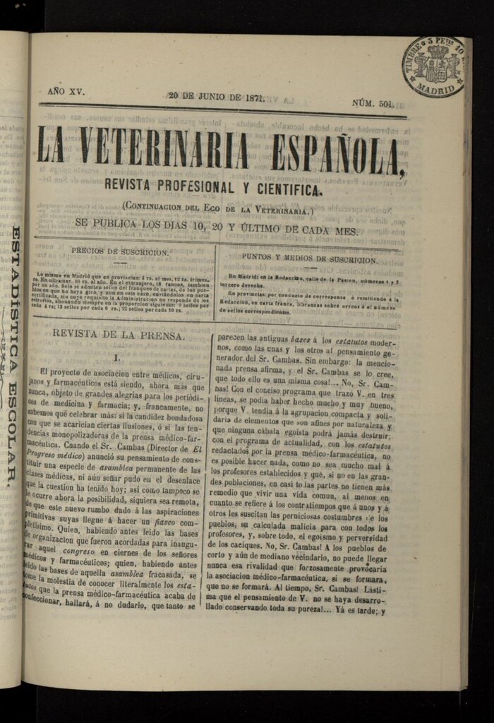Miniatura de La Veterinaria revista profesional y científica del 20 de junio de 1871, nº 501