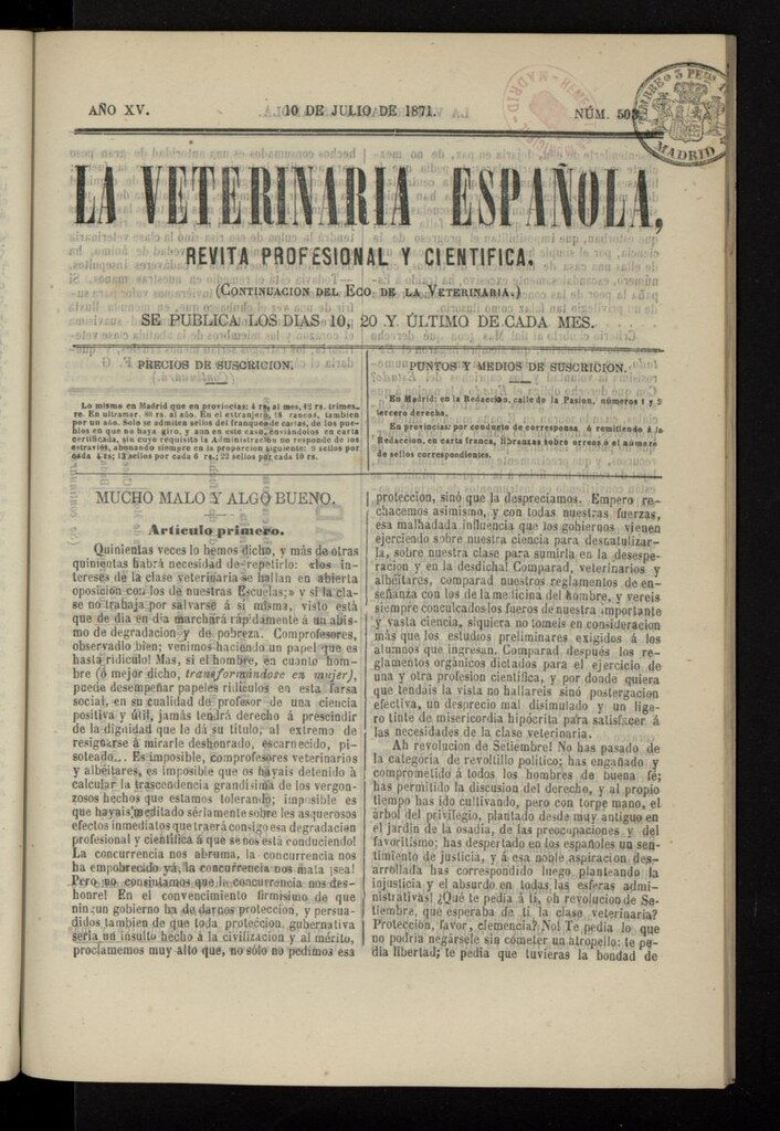 Miniatura de La Veterinaria revista profesional y científica del 10 de julio de 1871, nº 503