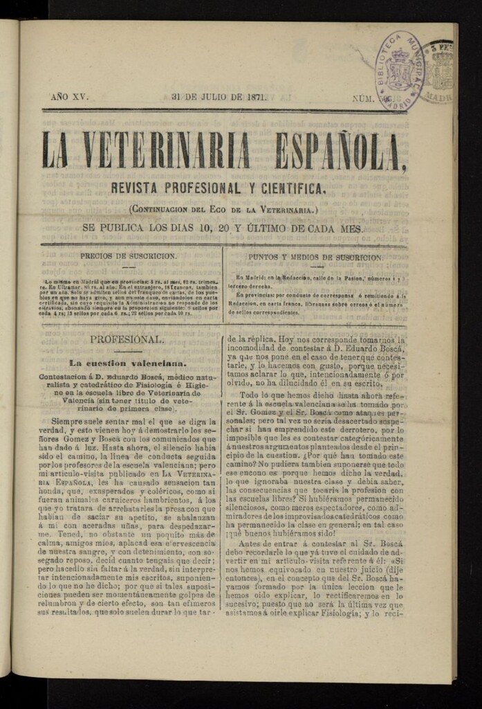 Miniatura de La Veterinaria revista profesional y científica del 31 de julio de 1871, nº 505