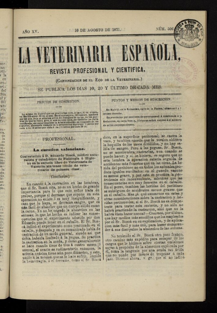 Miniatura de La Veterinaria revista profesional y científica del 10 de agosto de 1871, nº 506