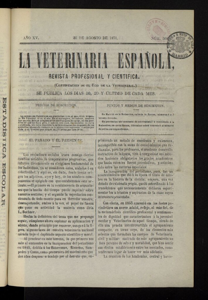 Miniatura de La Veterinaria revista profesional y científica del 31 de agosto de 1871, nº 508