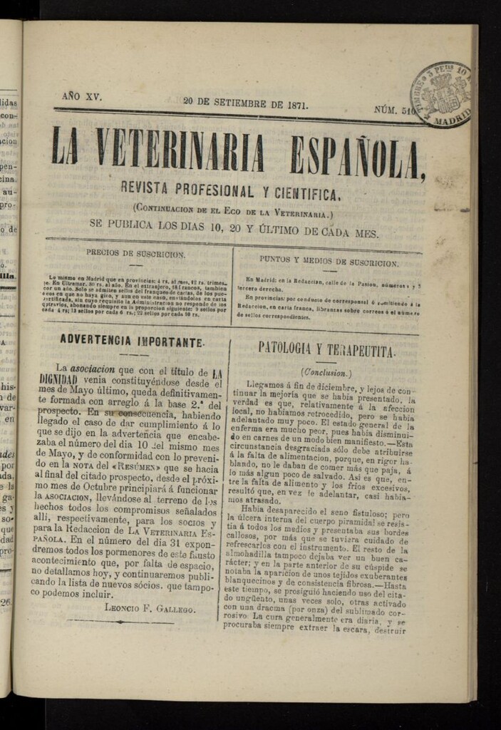 Miniatura de La Veterinaria revista profesional y científica del 20 de septiembre de 1871, nº 510