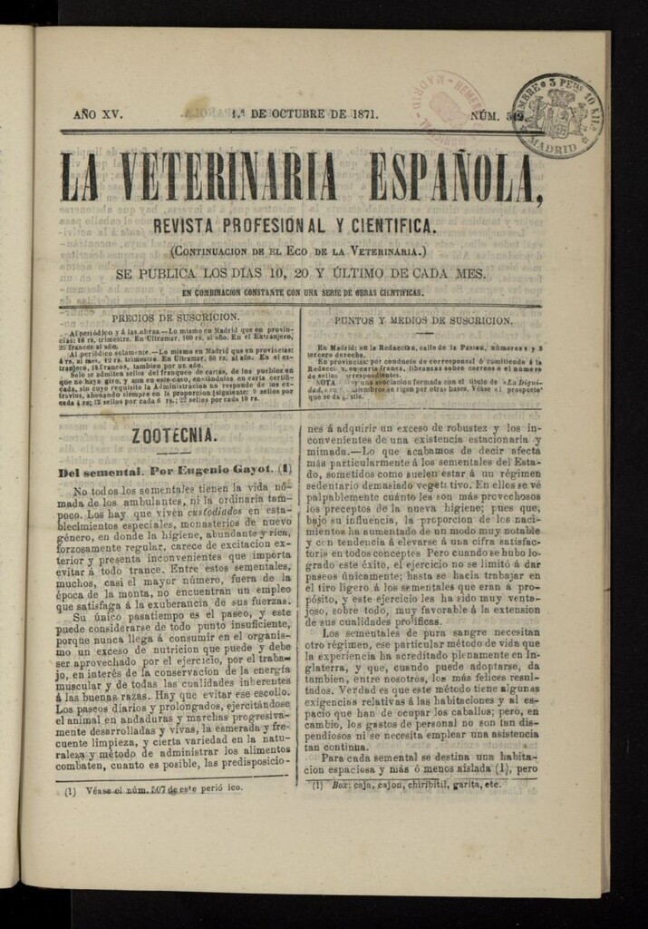 Miniatura de La Veterinaria revista profesional y científica del 1 de octubre de 1871, nº 512
