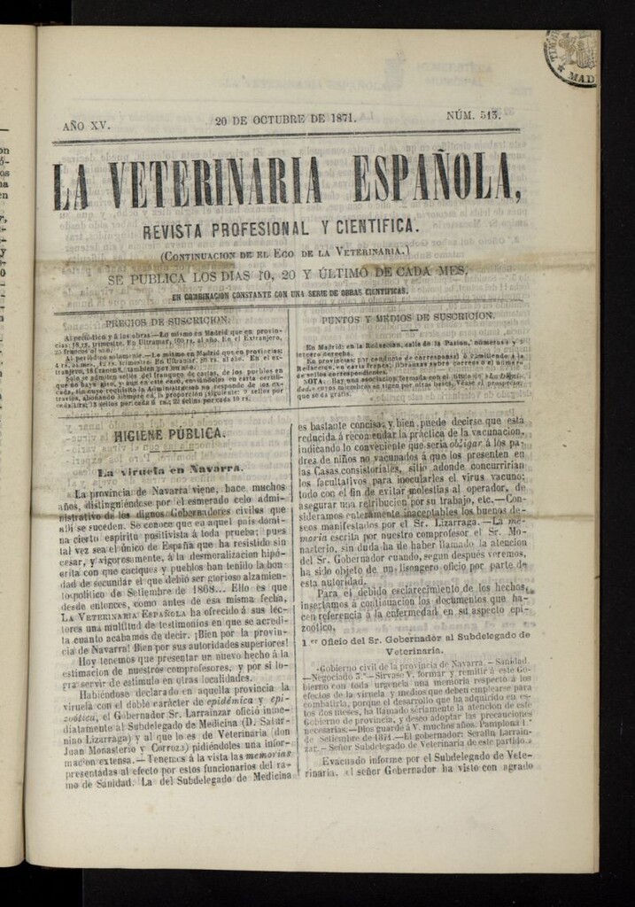 Miniatura de La Veterinaria revista profesional y científica del 20 de octubre de 1871, nº 513