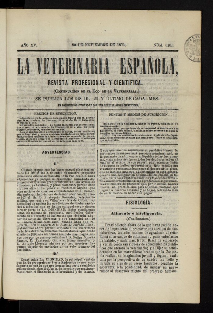 Miniatura de La Veterinaria revista profesional y científica del 20 de noviembre de 1871, nº 516