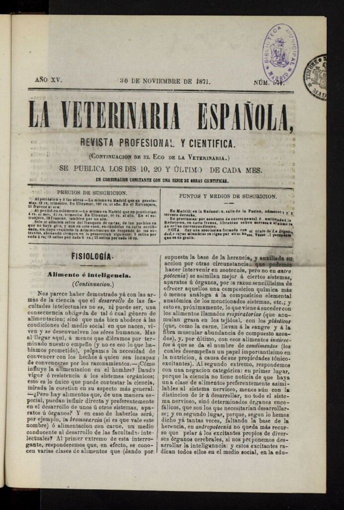 Miniatura de La Veterinaria revista profesional y científica del 30 de noviembre de 1871, nº 571 [sic]