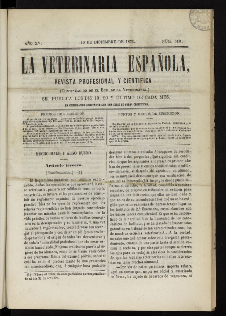 Miniatura de La Veterinaria revista profesional y científica del 10 de diciembre de 1871, nº 518