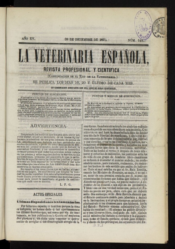 Miniatura de La Veterinaria revista profesional y científica del 20 de diciembre de 1871, nº 519