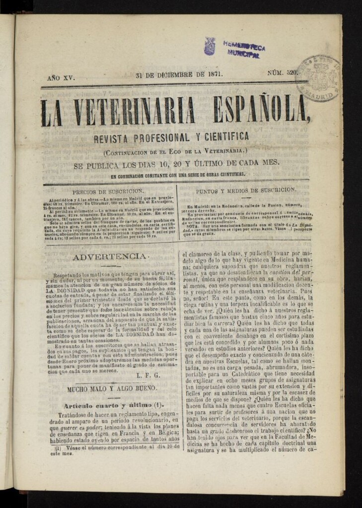 Miniatura de La Veterinaria revista profesional y científica del 31 de diciembre de 1871, nº 520