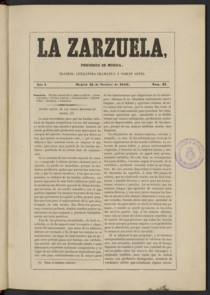 Miniatura de La Zarzuela : periódico de música, teatros, literatura dramática y nobles artes del 13 de octubre de 1856, nº 37