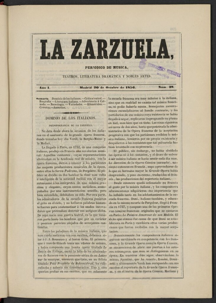 Miniatura de La Zarzuela : periódico de música, teatros, literatura dramática y nobles artes del 20 de octubre de 1856, nº 38