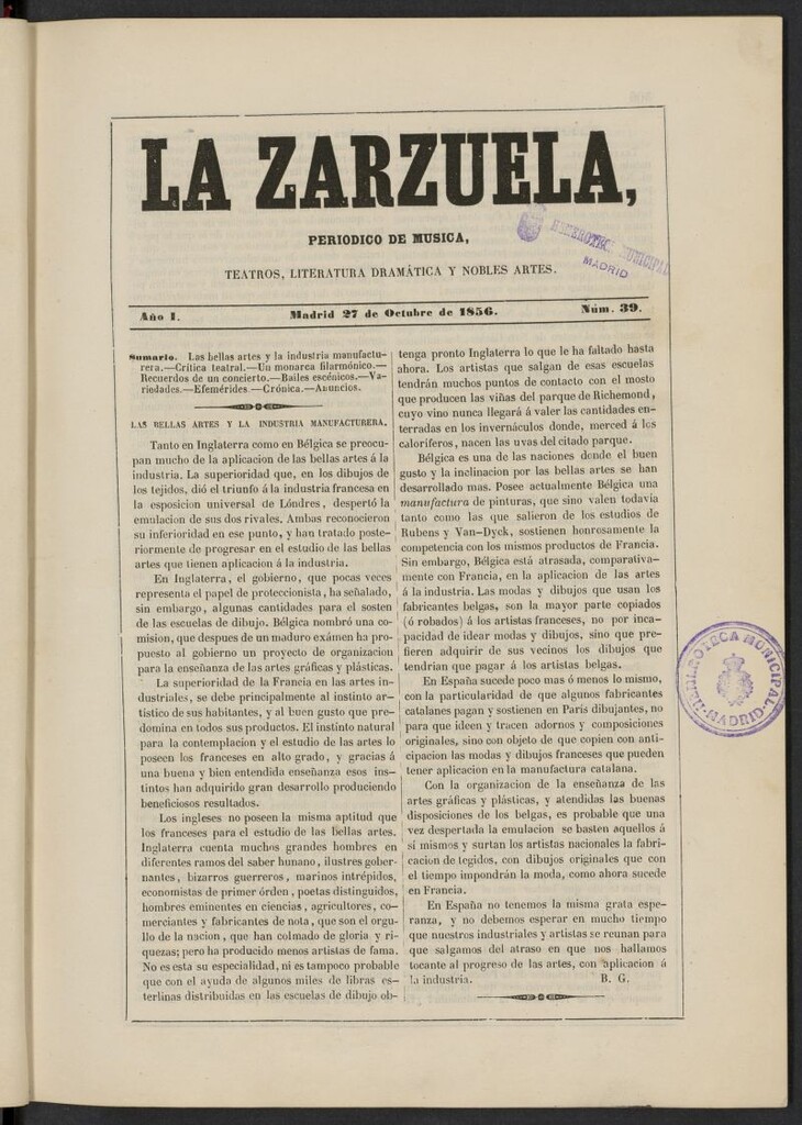 Miniatura de La Zarzuela : periódico de música, teatros, literatura dramática y nobles artes del 27 de octubre de 1856, nº 39