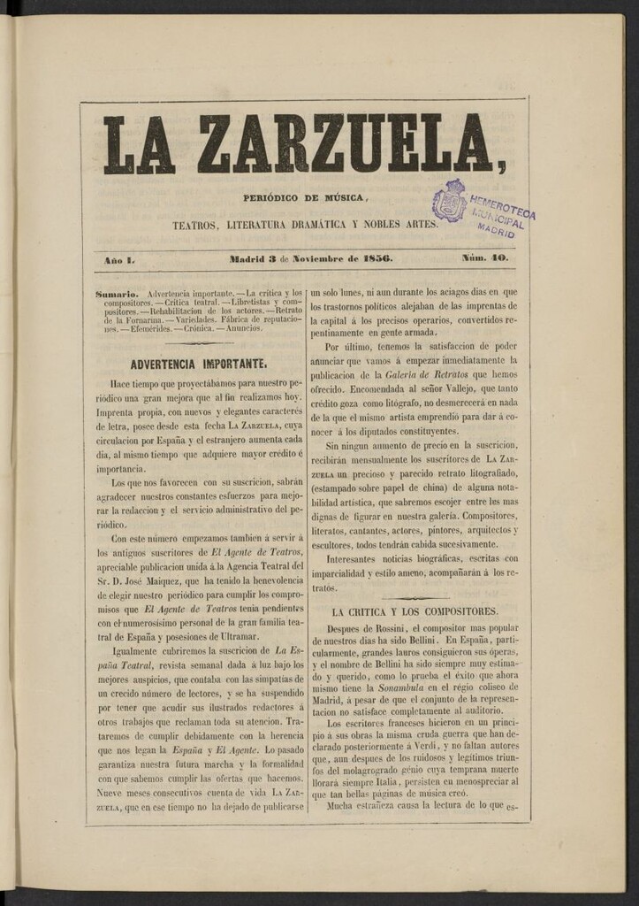 Miniatura de La Zarzuela : periódico de música, teatros, literatura dramática y nobles artes del 3 de noviembre de 1856, nº 40