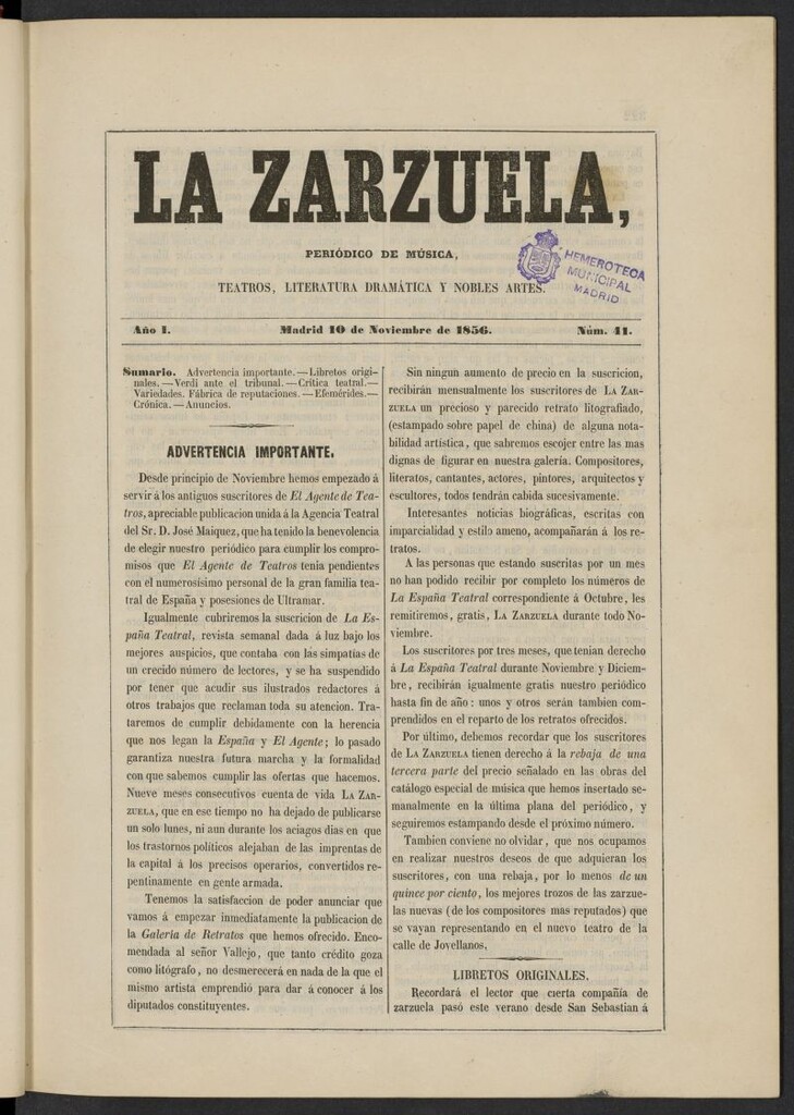 Miniatura de La Zarzuela : periódico de música, teatros, literatura dramática y nobles artes del 10 de noviembre de 1856, nº 41