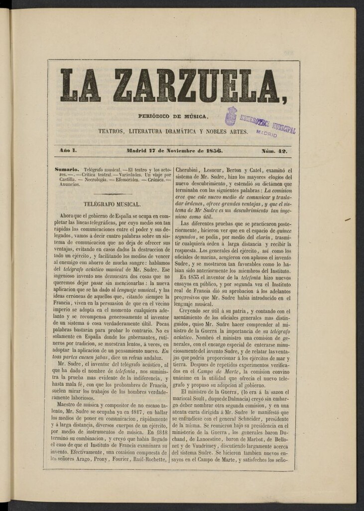 Miniatura de La Zarzuela : periódico de música, teatros, literatura dramática y nobles artes del 17 de noviembre de 1856, nº 42