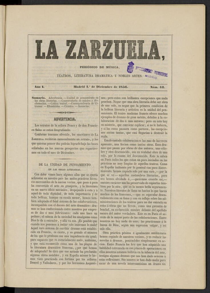 Miniatura de La Zarzuela : periódico de música, teatros, literatura dramática y nobles artes del 1 de diciembre de 1856, nº 44