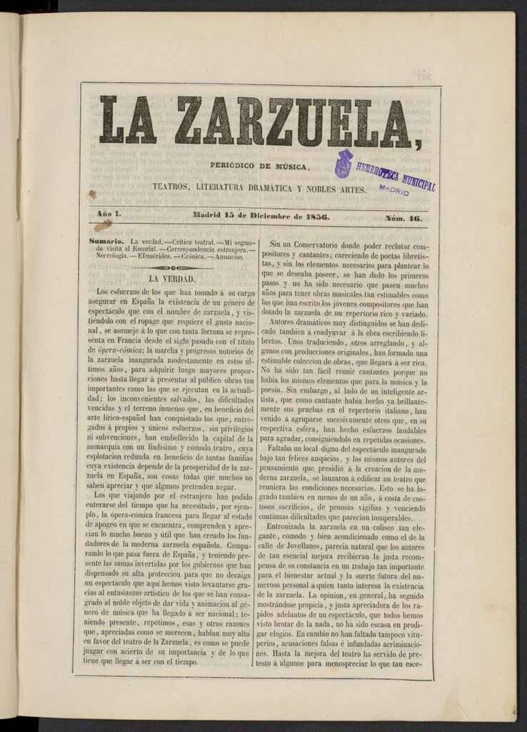 Miniatura de La Zarzuela : periódico de música, teatros, literatura dramática y nobles artes del 15 de diciembre de 1856, nº 46