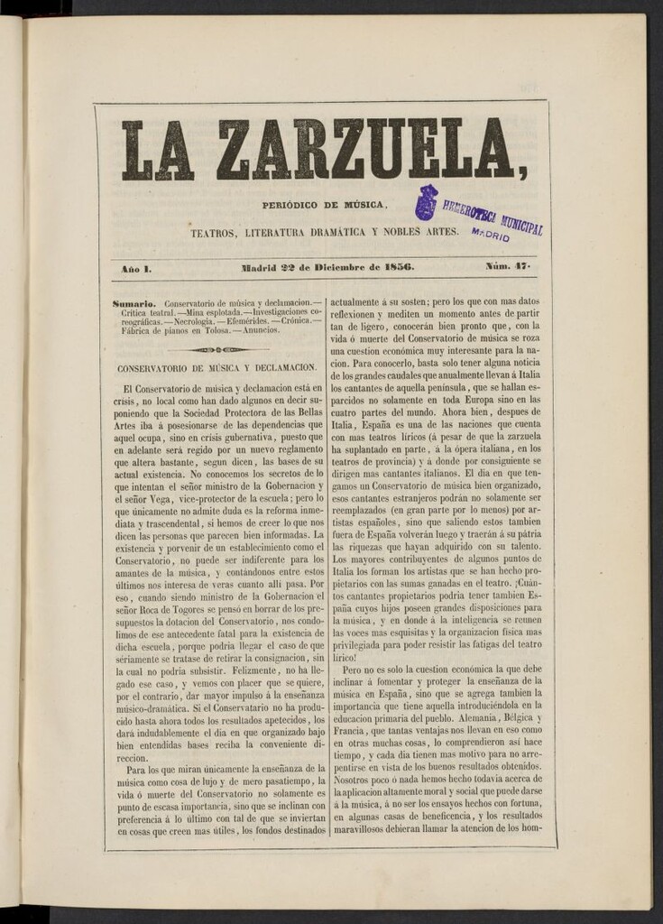Miniatura de La Zarzuela : periódico de música, teatros, literatura dramática y nobles artes del 22 de diciembre de 1856, nº 47