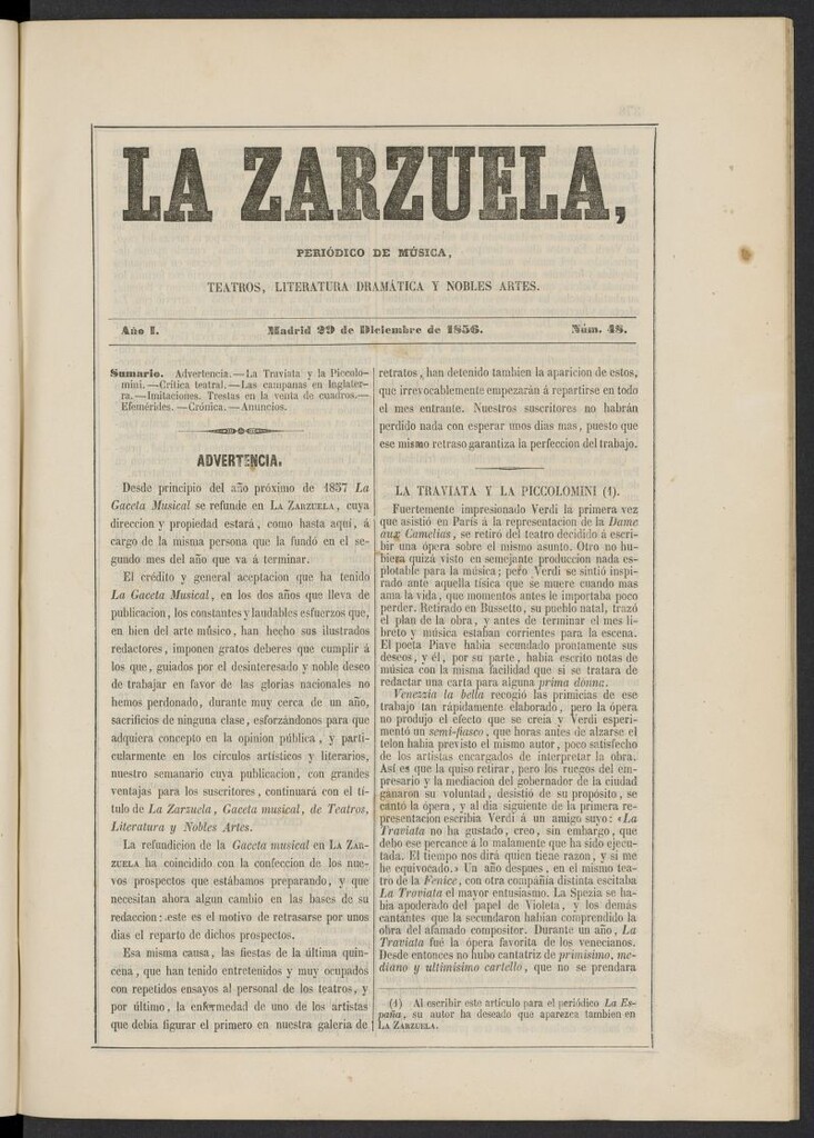 Miniatura de La Zarzuela : periódico de música, teatros, literatura dramática y nobles artes del 29 de diciembre de 1856, nº 48