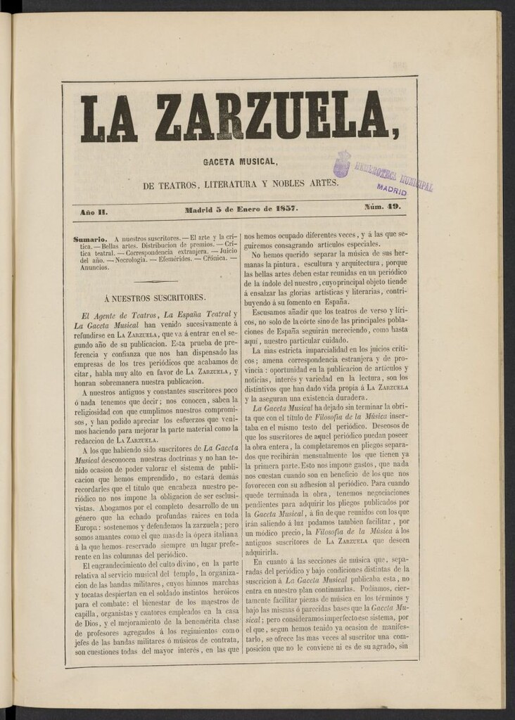 Miniatura de La Zarzuela : periódico de música, teatros, literatura dramática y nobles artes del 5 de enero de 1857, nº 49