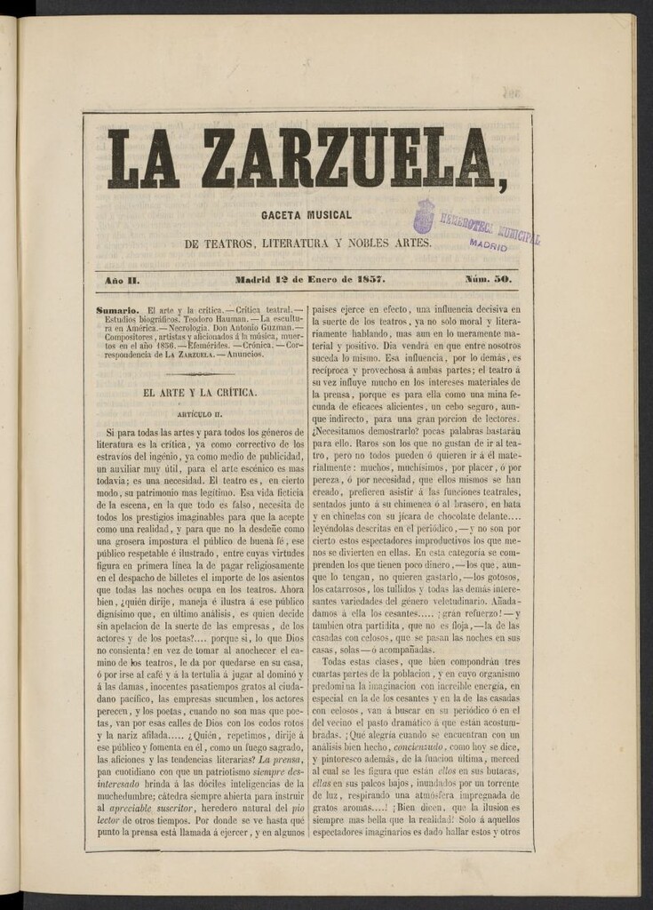 Miniatura de La Zarzuela : periódico de música, teatros, literatura dramática y nobles artes del 12 de enero de 1857, nº 50