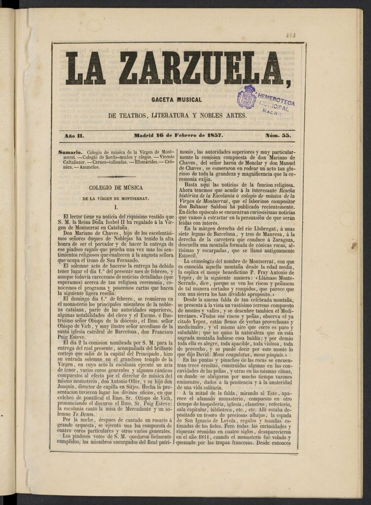 Miniatura de La Zarzuela : periódico de música, teatros, literatura dramática y nobles artes del 16 de febrero de 1857, nº 55