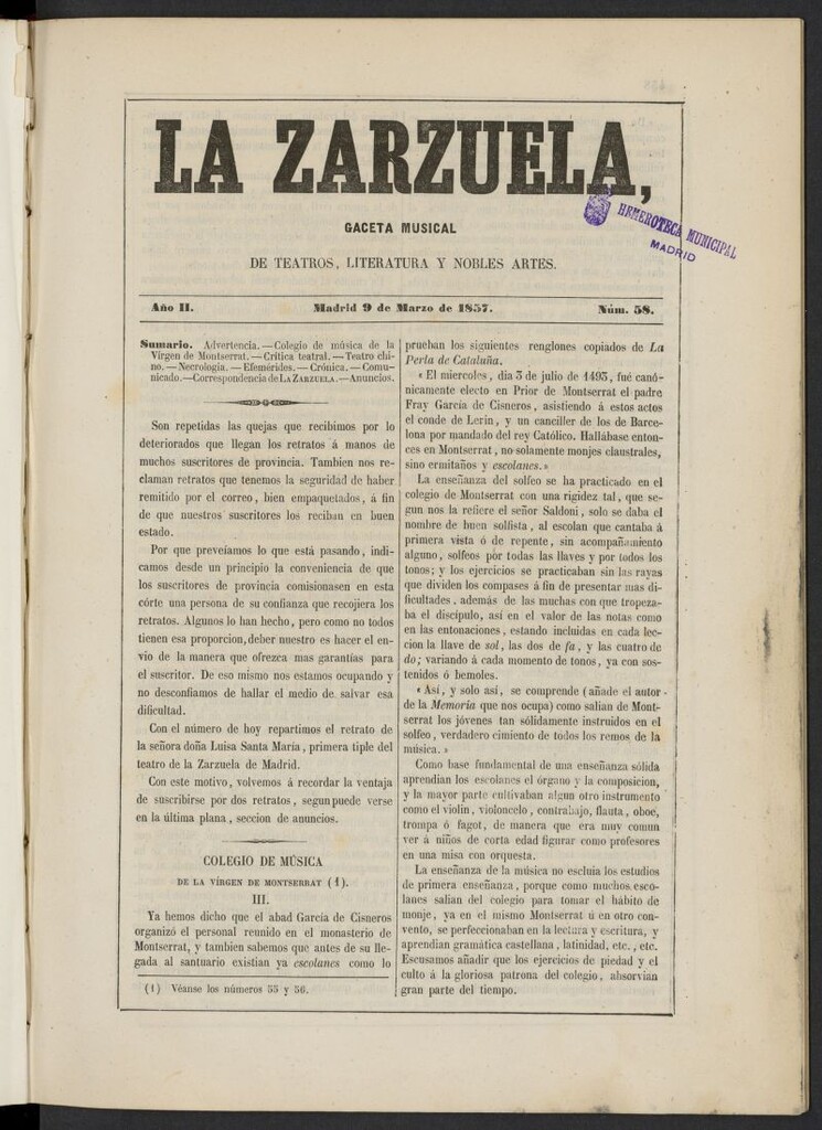 Miniatura de La Zarzuela : periódico de música, teatros, literatura dramática y nobles artes del 9 de marzo de 1857, nº 58