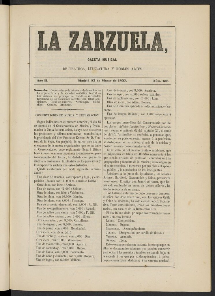 Miniatura de La Zarzuela : periódico de música, teatros, literatura dramática y nobles artes del 23 de marzo de 1857, nº 60