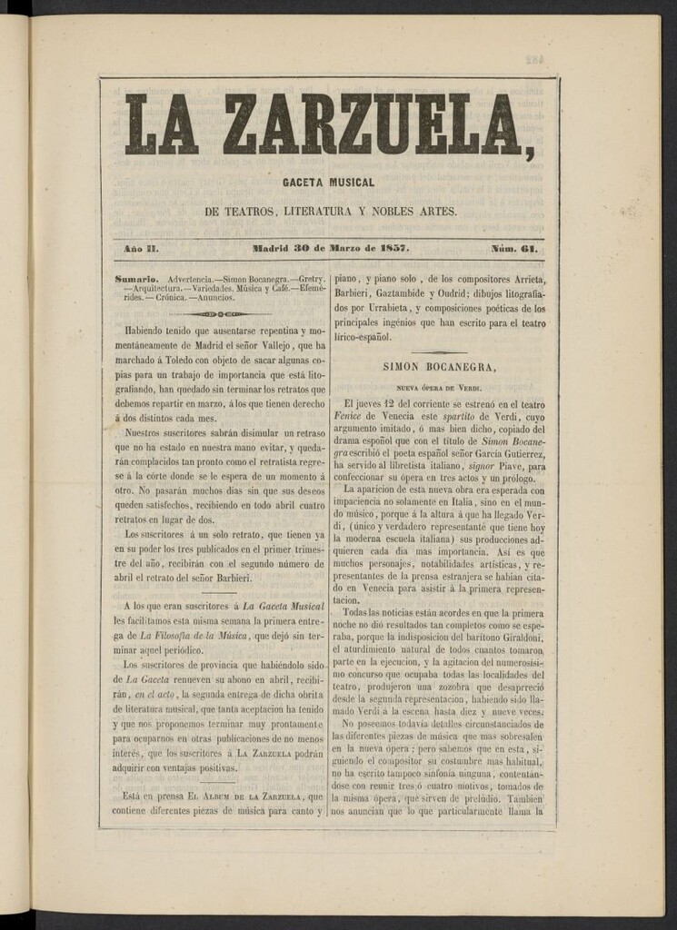 Miniatura de La Zarzuela : periódico de música, teatros, literatura dramática y nobles artes del 30 de marzo de 1857, nº 61