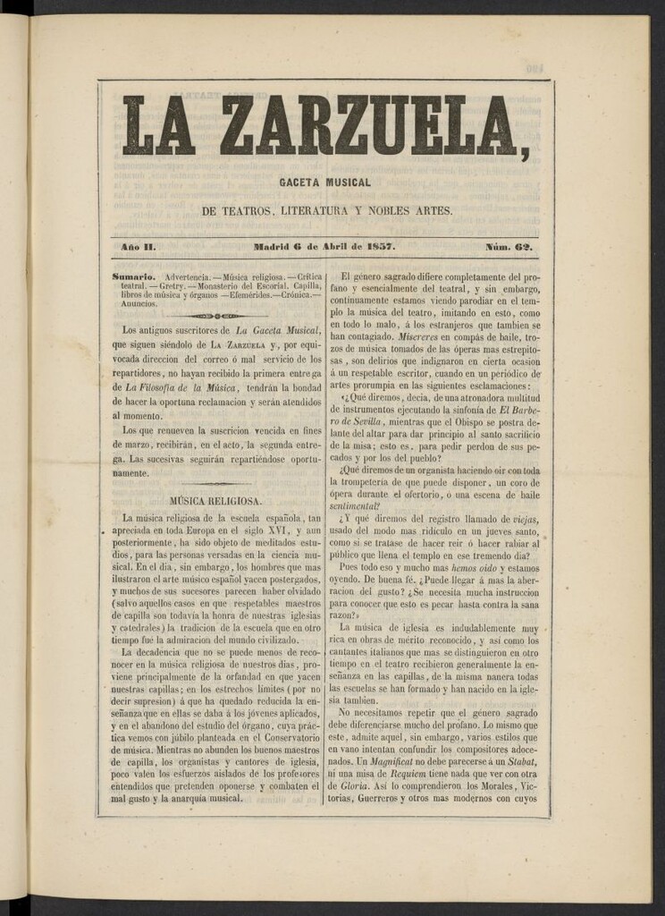 Miniatura de La Zarzuela : periódico de música, teatros, literatura dramática y nobles artes del 6 de abril de 1857, nº 62